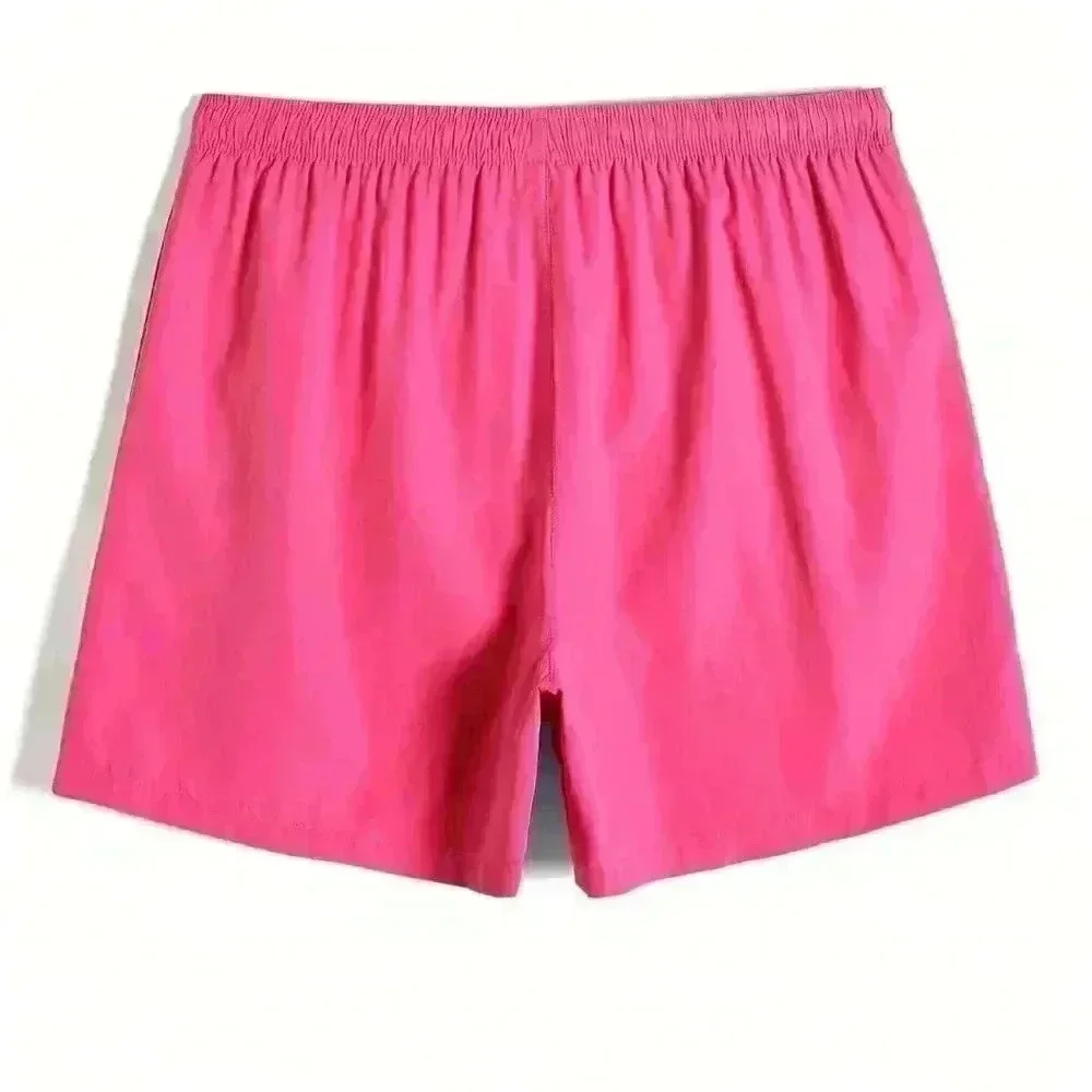 Pink Vacation Style Mens Slant Pockets Drawstring Waist Swim Trunks